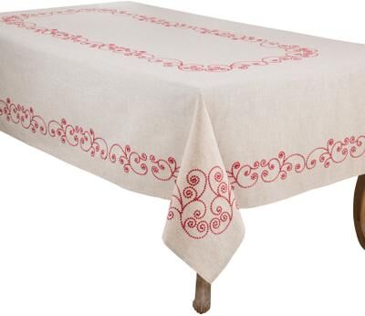 Saro Lifestyle Scroll Embroidered Linen Blend Tablecloth - Decorative Swirl Border for Dining Room & Farmhouse Decor