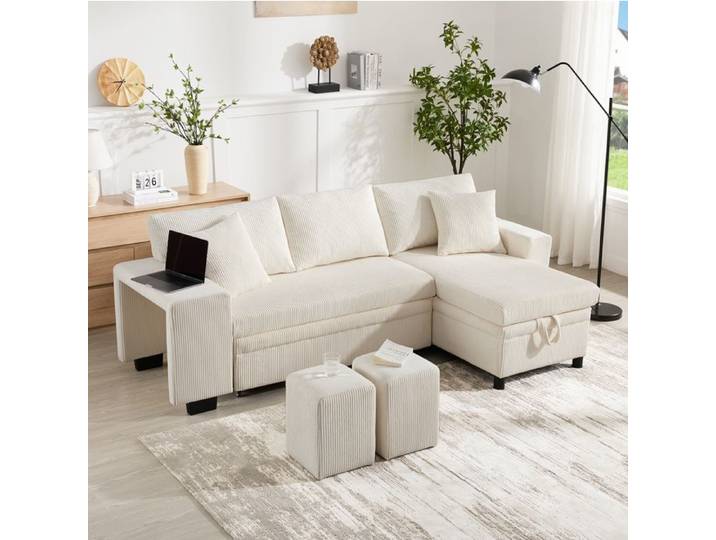 Canape D Angle Convertible 3 Places Beige Canape Lit Moderne FloraGrace Pour Salon USB Type-C Et Rangement 231x131 5x84cm