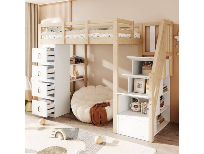 VUENOR Lit mezzanine 90x200 cm marron – rangement et échelle latérale