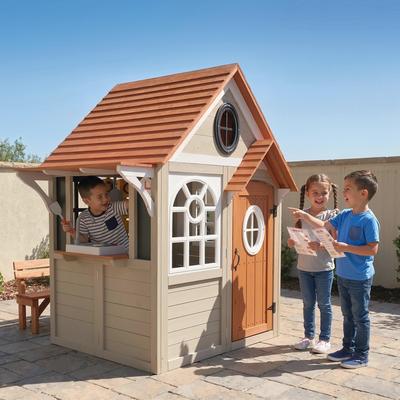 Homcom Qaba Wooden Kids Playhouse with Dog Door, Cookware, Blackboard, Clock, Tic-Tac-Toe Roller,Gray