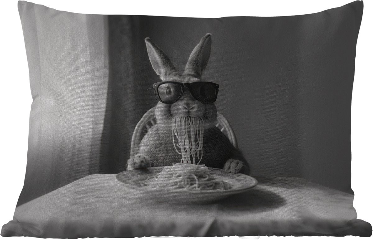 Weerbestendige buitenkussens met schattig konijn met zonnebril en pasta print, 60 x 40 cm