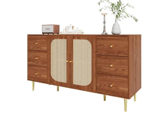MODENUIT Buffet 160x40x90 cm meuble de rangement avec 6 tiroirs et portes rotin multifonction en MDF Marron