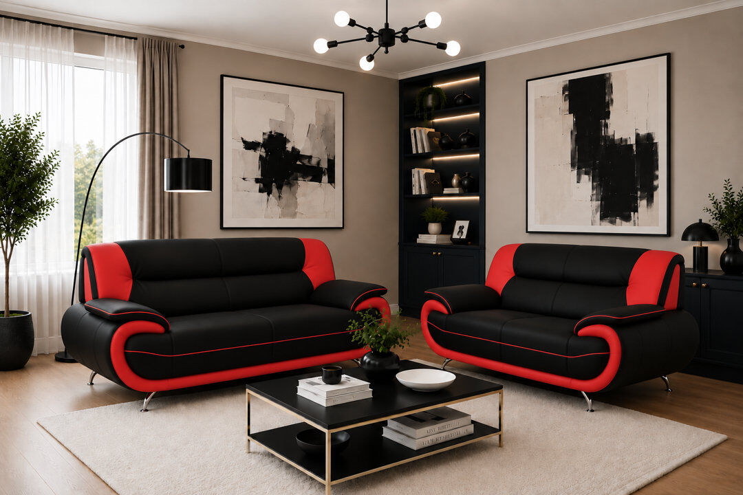Latitude Run Hartle 2 Piece Faux Leather Standard Living Room Set Black/Red 2