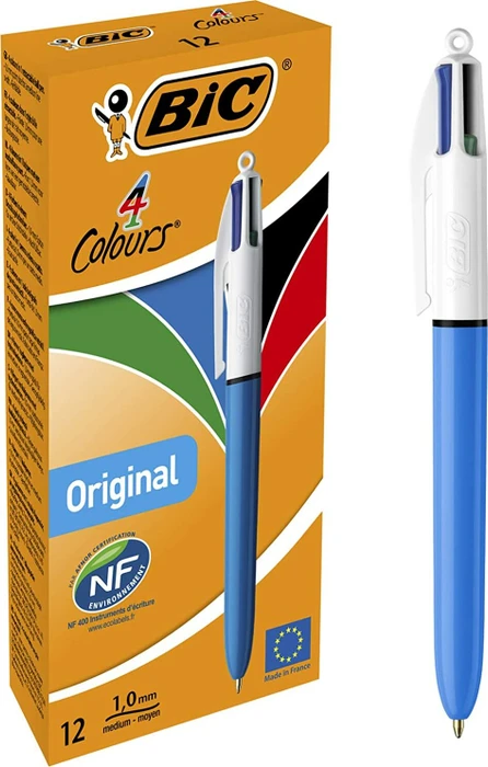 BIC 4-Farben-Kugelschreiber 4 Colours mineral tones grau, helltürkis, olivgrün, Schreibfarbe: blau, rot, grün, schwarz, 12 St.
