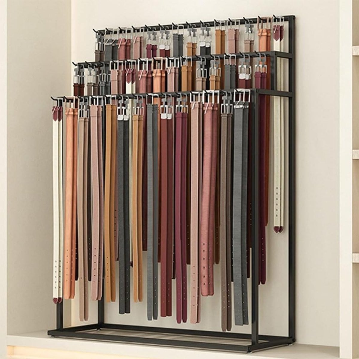 Zwarte metalen riem display stand en hanger organizer voor het opbergen van accessoires, 60 cm