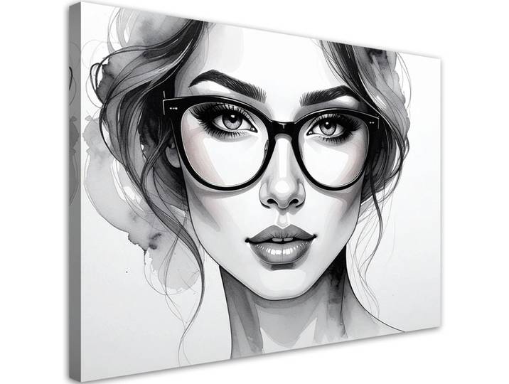 Feeby Leinwandbild Porträt einer Frau mit Brille 90x60cm, Grau, Person/Charakter, Rechteckig, 90x60 cm, Bilder & Rahmen, Bilder, Leinwandbilder