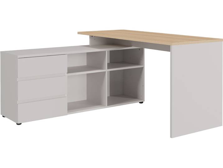 Eckschreibtisch GERMANIA Lissabon , weiss (kaschmir, lindberg, eiche, nachbildung, kaschmir, lindberg, eiche, nachbildung), B:146cm H:76cm T:145cm, Tische, Eckschreibtisch, 146 x 76 x 145 cm, Soft Close, gespiegelt montierbar, Made in Germany