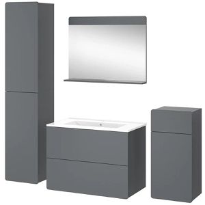 Vicco Badmöbel-Set Izan, grau, 4-teilig, mit Waschtisch, Spiegel & 2 Badschränken