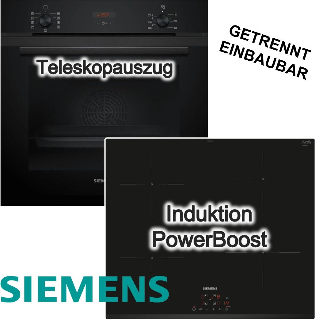 Herdset SIEMENS Backofen Teleskopauszug 3D Heissluft EcoClean 71 L + Induktion PowerBoost Schwarz