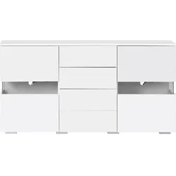 OKWISH Sideboard MDF Weiß 140x35x72 cm mit Hochglanz-Front, 4 Schubladen, 2 Acryltüren und App-gesteuerter LED-Beleuchtung