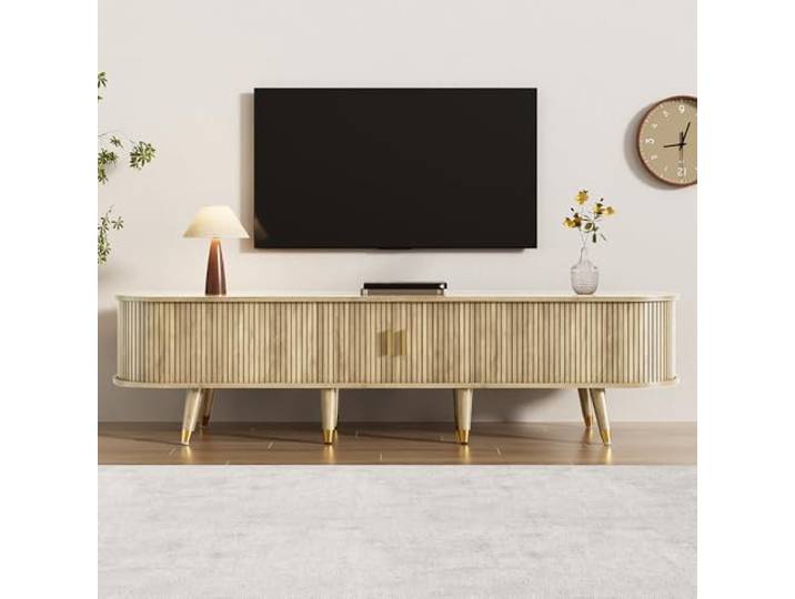 FammyLoft TV-Schrank mit Schiebetüren, Lowboard mit Griffe und Füße in Goldoptik, Fernsehtisch mit Einzigartiges Design, Fernsehschrank, Moderner TV Sideboard, für Wohnzimmer/Flur, 175cm, Oak