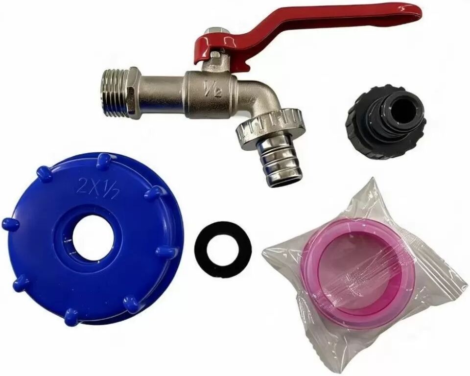 INF Außen-Kugelhahn 1/2 inch Zulauf 3/4 inch Ablauf - Keramikscheibenventil, Zinklegierungsgriff, IBC-Adapter, Rot