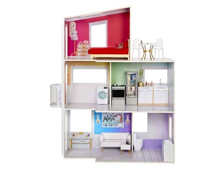 Rainbow High Townhouse - 3-Stöckiges Holzpuppenhaus mit 5 Bunten Zimmern & Terrasse - Komplett Eingerichtetes Haus mit Funktionierendem Lift und Zubehör - Spielzeug für Kinder von 4 bis 12+ Jahren