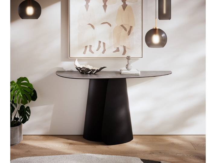 Konsolentisch Edge Oval 140x40 cm Keramik Beton Grau Livos Metall Schwarz, Konsolentische