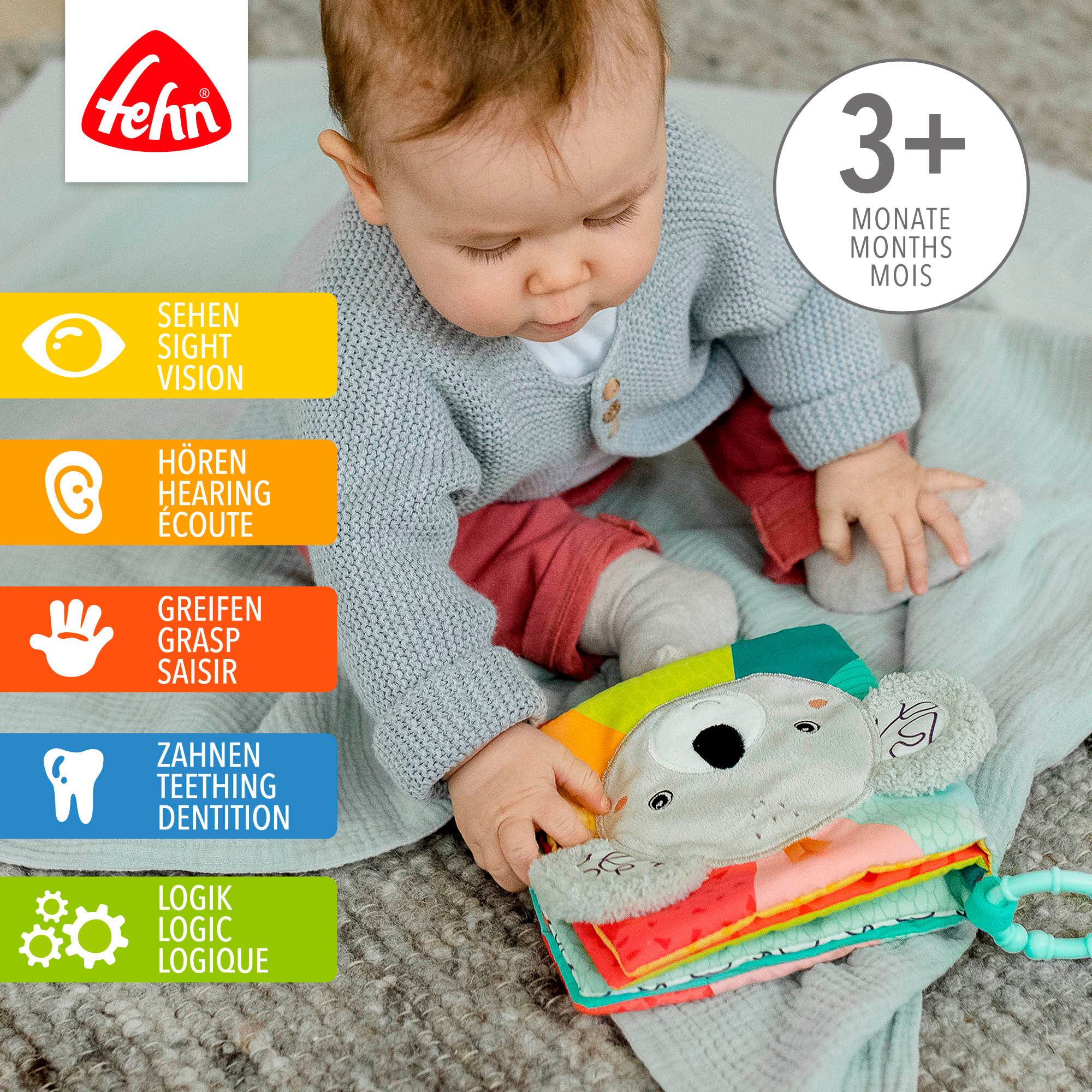 Greifspielzeug FEHN "DoBabyDoo, Stoffbuch Koala", bunt, Greifspielzeug, KinderB:17cm L:17cm, Softvelour, Greifspielzeug, B:17cm L:17cm