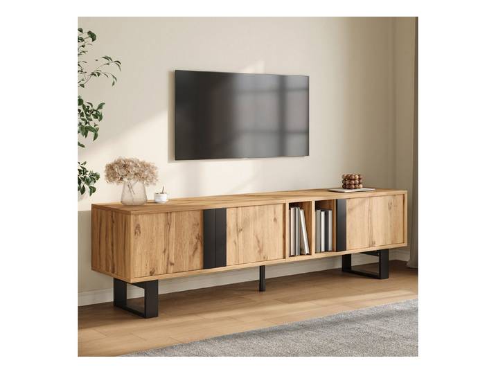 Odikalo TV-Schrank Lowboard Fernsehschrank mit offene Ablagen getrennte Fächer Eisenbeine (Wohnzimmerschrank 3 Einzeltüren zwei getrennte Fächer schwarze Eisenbeine,Kabelöffnungen gedämpfte Metallscharniere Mehrzweck-Aufbewahrung)