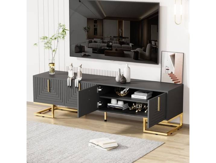 Meuble TV 170 cm - 4 Portes - Pieds et Poignées Dorés - Style Moderne