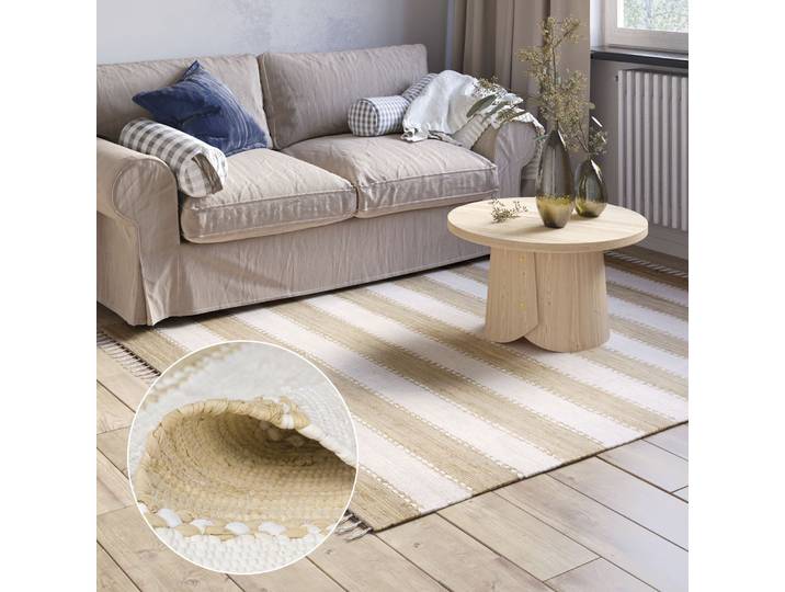 Teppich Karim , beige (beige, weiß), B:160cm H:10mm L:230cm, Baumwolle, Polyester, MYFLAIR MÖBEL & ACCESSOIRES, Teppiche, Teppich, Handweb Teppich, gestreift, 90% Baumwolle, handgewebt, mit Fransen