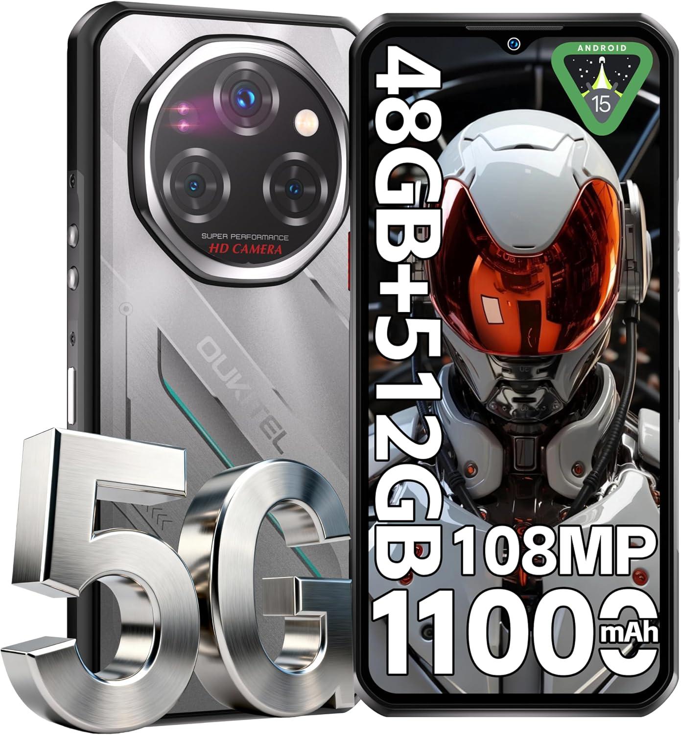 OUKITEL WP62 5G Outdoor Handy Android 15, 48GB+512GB/2TB Outdoor Smartphone Ohne Vertrag11000mAh/33W, 6,6'' FHD+120Hz 108MP+32MP,IP68/OTG/NFC, Silber