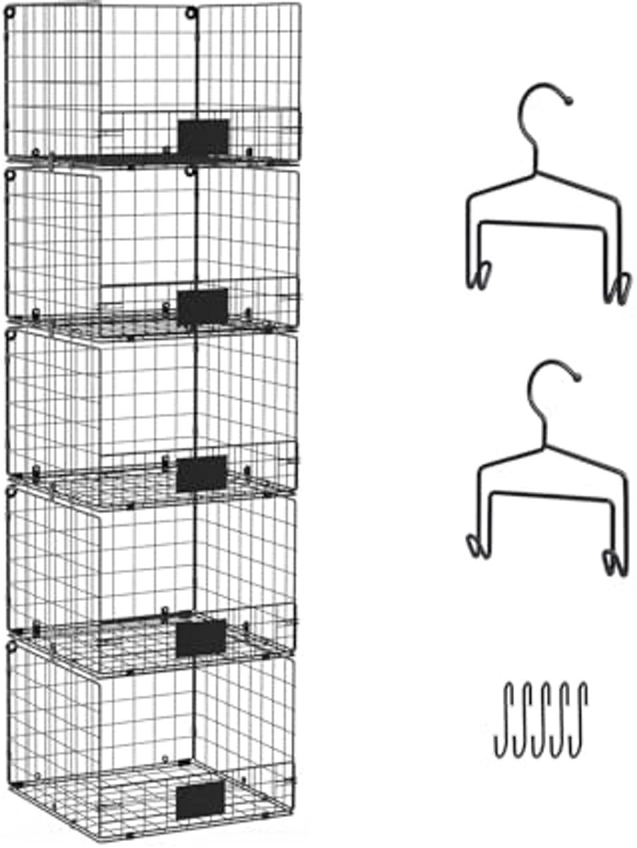 Wandmontage kledingrek met 5 lagen planken, naamplaatjes en S-haken voor accessoires en kleding