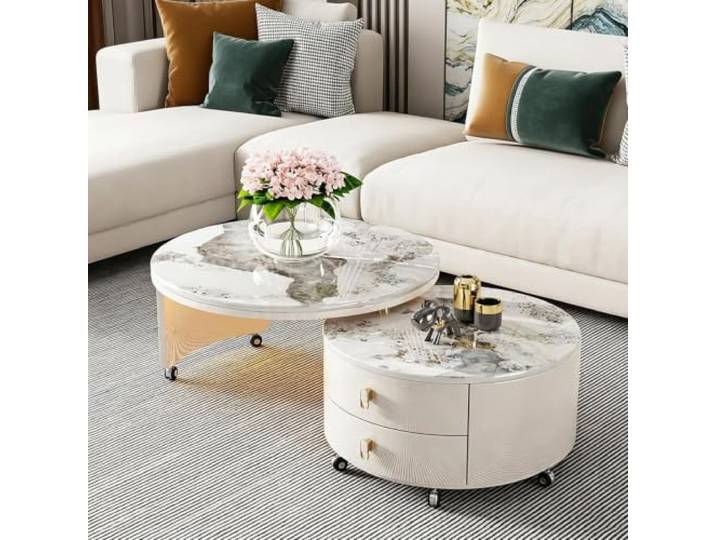 HLDJYLZS Runder Drehbarer Couchtisch, Moderner Tisch aus Sinterstein Runder Couchtisch, 360° Drehbar, Mobil, Sinterstein-Tischplatte, Modern, Minimalistisch, Kleine Räume, Wohnzimmer