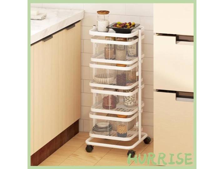 Cocosity Resserre 4 Paniers Rotatifs Sur Roues Chariot À Légumes Et Fruits Plateau Étagère En Fil D'Acier 33X33X77Cm Blanc