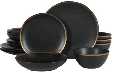 Gibson Elite 16 Piece Everyday Use Gold Rimmed Porcelain Double Bowl Dinnerware Set in Matte Black