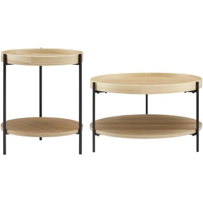 Couchtisch SALESFEVER "Chicago Couchtisch-Set rund 2-teilig mit 2 Ablageflächen", beige (natur, schwarz, schwarz, natur), B:69cm H:39cm T:69cm, MDF mit Eschenholzfurnier, Metall, Tische, Couchtisch, Moderner Wohnzimmertisch mit zusätzlichem Stauraum