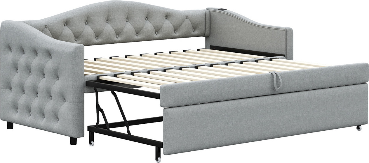 Polsterbett Ausziehbares Schlafsofa,Mit USB-Anschluss, Klassische Form mit Knöpfen mit Lattenrost, Multifunktionsbett - Gästebett,Leinenstoff