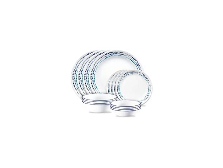Corelle Ocean Blues 16-teilig, Service für 4, Geschirr-Set, 8 Teller, 8 Schüsseln, splitter- und bruchfest, Speiseteller und Speiseteller, Corelleware Teller, Weiß
