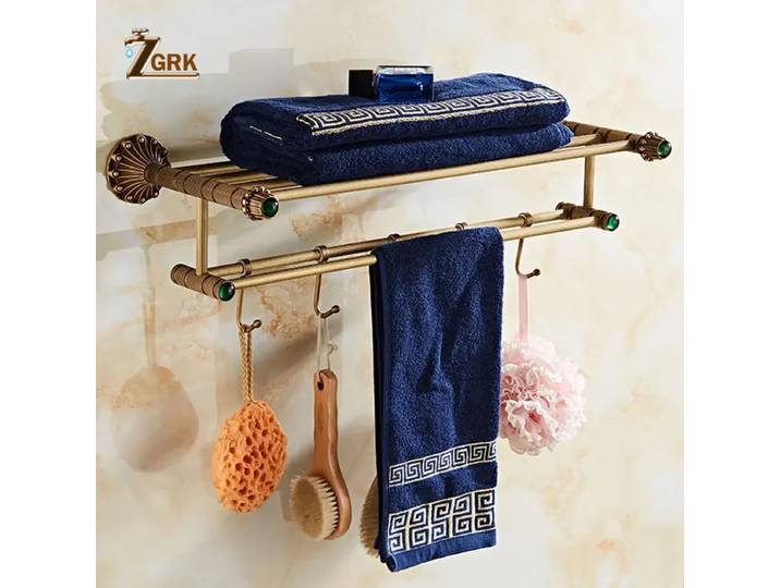 ZGRK-Porte-serviettes en laiton antique avec crochets, porte-serviettes, double étagère, barres de touristes, accessoires, T1, nouveau