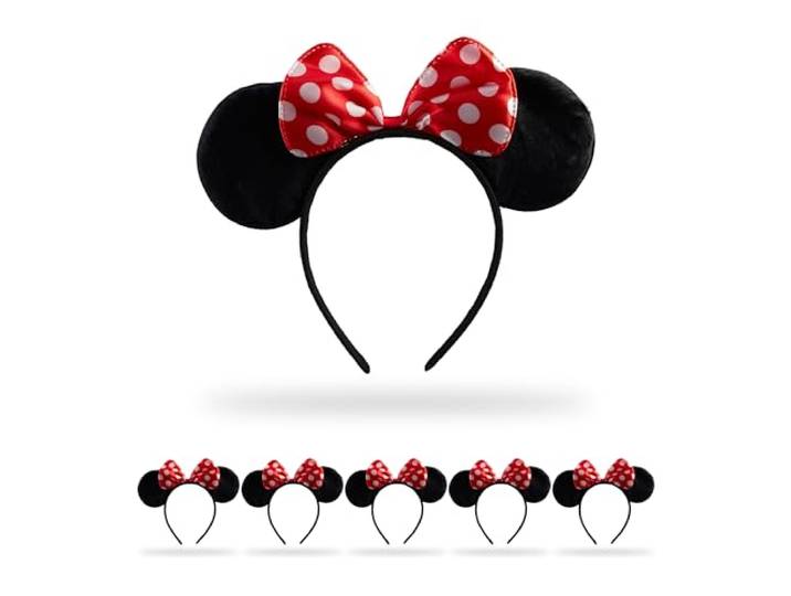 Relaxdays Oreilles minnie\, lot de 6\, serre-tête souris\, avec nœud à pois\, accessoire de déguisement\, noir/rouge