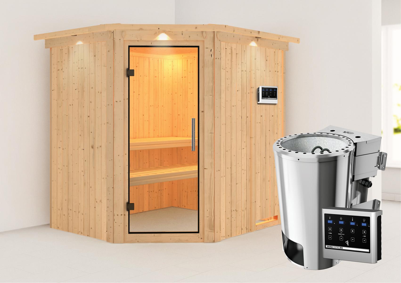 KARIBUHOLZT Sauna Lilja Eck 3,6kW Bio.ext. Stg klarglas GGT u. D 16880089