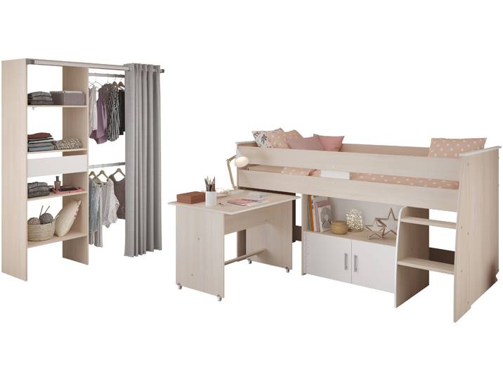 Jugendzimmer-Set PARISOT Parisot Charly 22 , beige (natur), ohne Matratze, B/H: 90cm x 200cm, Schlafzimmermöbel-Sets, Jugendzimmer-Set, ausziehbarer Schreibtisch auf Rollen