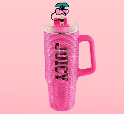 Juicy Couture BlingSip Hydration Rhinestone Stainless Steel Tumbler with Handle and Straw With Topper