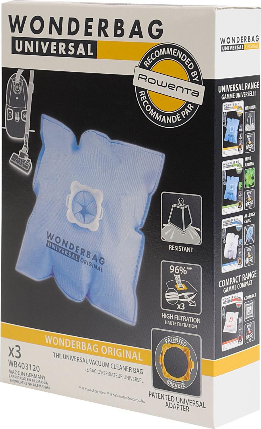 Rowenta WB403120 Stofzuigzakken, 3 stuks, Blauw, Microvezel, Cilindrisch, Geschikt voor Rowenta X-Tream Power Allergy, Silence Force CompACT en Silence Force Extreme