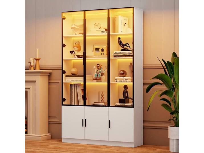 Vitrine en verre Vitrine avec éclairage LED 200 cm bibliothèque multi-rangements pour collections cadre en aluminium blanc
