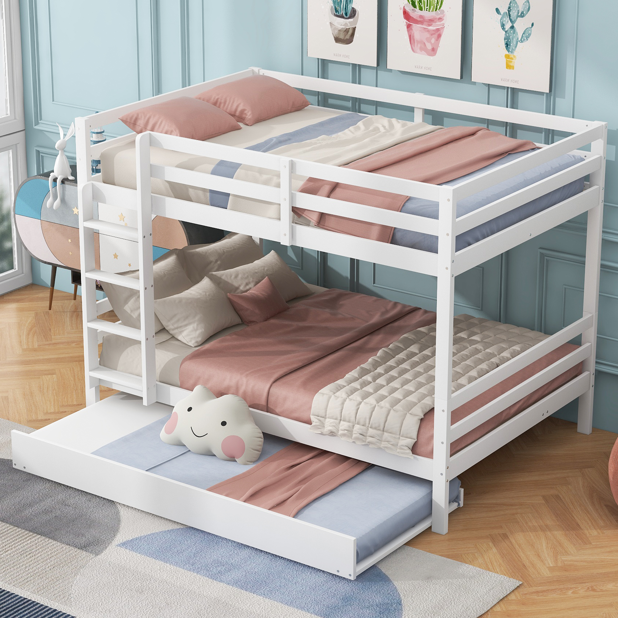 Sweiko 140x200cm Etagenbetten, Kinderbetten, Etagenbetten mit Ausziehbett, Hohe Geländer, Stabile Treppe, Weiß