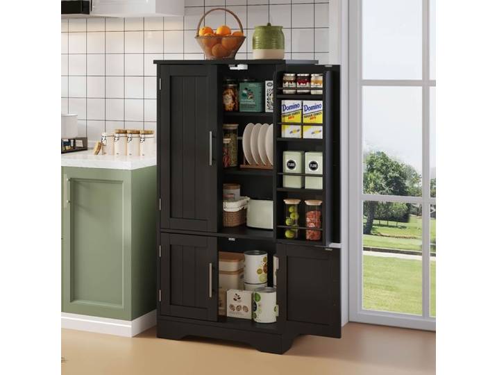 Armoire de Cuisine 4 Portes avec Lumière LED Buffet Haut Étagères Réglables en MDF pour Salle à Manger 60x40x120cm Noir