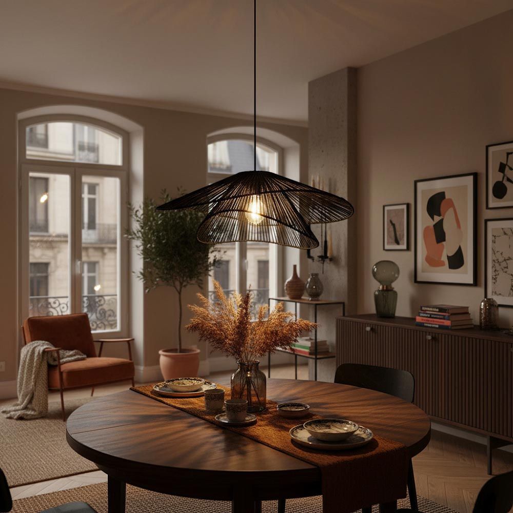 LUSENZ Pendelleuchte Avanta nero due - Schwarze Lampe aus geflochtenem Papierkabel - Ohne Leuchtmittel und für den Innenbereich - Zweilagig