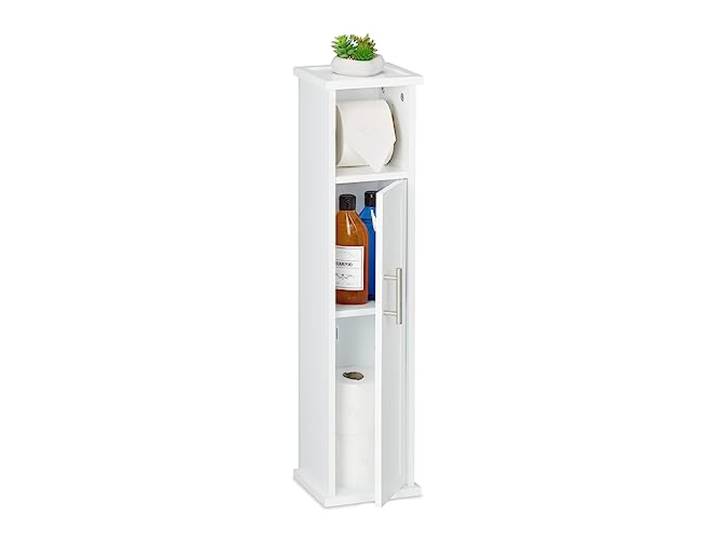 Relaxdays staande wc rolhouder, 2 vakken, wit/zilver