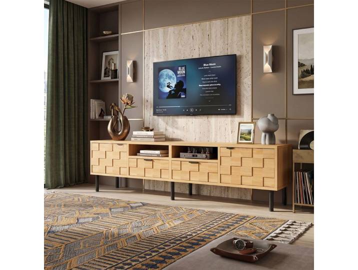Meuble TV 200cm Rangement XXL Gain de Place Design soigné effet bois sculpté 3D - Pour TV jusqu'à 80  - Bois naturel
