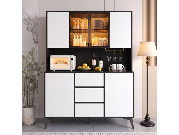 Buffet de cuisine haut - ZEVKOR - 120x40x160 cm - Vitrine verre LED réglable - 6 portes 3 tiroirs - Noir et blanc