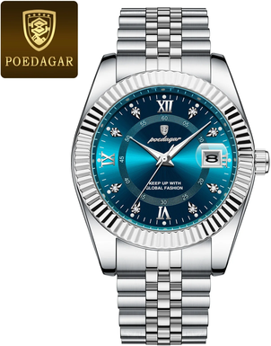 Youfap Market Waterproof Luxury Business Men's Wristwatch, Stainless Steel Military Date Quartz Watch silver Blue