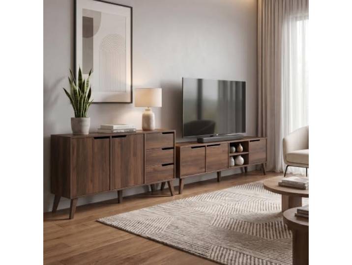 BEAUTY SOFA Wohnzimmer-Set Norel 2-teilig – Kommode 160 cm + TV-Lowboard 180 cm, Schubladen, Türen, offene Fächer, Holzbeine, Braun Warmia Walnuss
