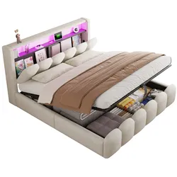 Polsterbett 180x200 cm mit hydraulischem Stauraum, LED-Beleuchtung und USB-Anschlüssen – luxuriöses Samt-Design Beige