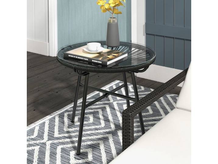 Table de jardin - Style bohème - Ø50 cm - Plateau verre trempé 5 mm - Bordure rotin PE résistante intempéries