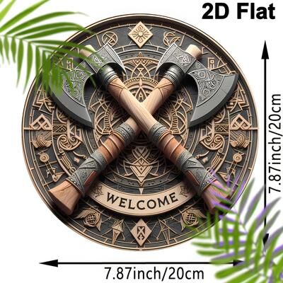 Useful Little Things Viking Axe Welcome Sign 8 Inch Round Wooden Wall Decor Home Porch Living Room Office Plaque Gift For Men 1 Pc