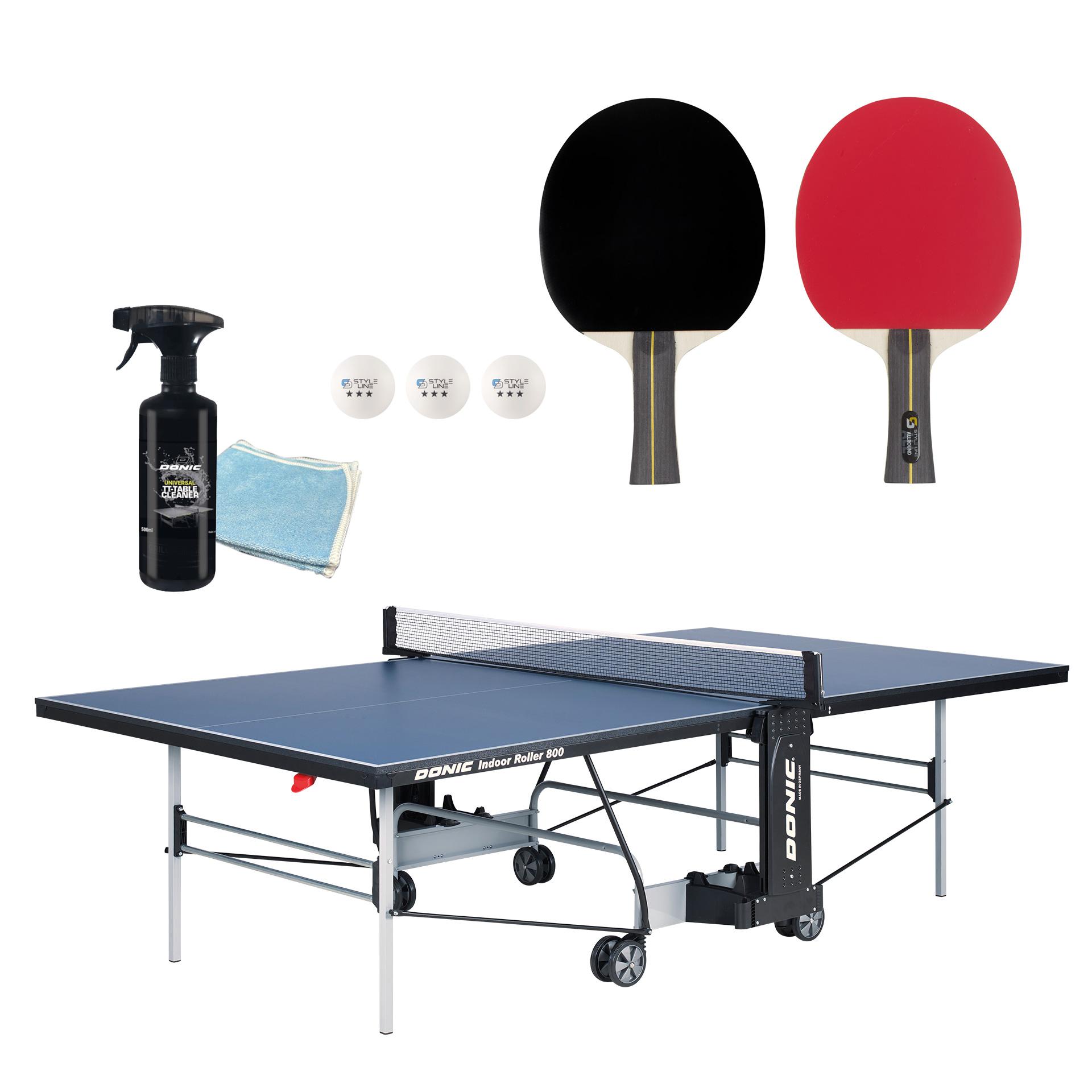 DONIC Tischtennisplatten-Set Indoor Roller 800 inkl. 2 Tischtennisschläger, 3 Tischtennisbälle, 1 Tischreiniger inkl. Tuch, TT-Netz, Schlägerhalterung
