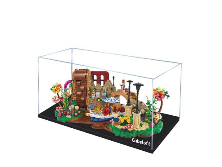 Acryl-Vitrine für Lego 21360 Willy Wonka und die Schokoladenfabrik Bauset, staubdichte transparente Box - Nur Vitrine, Schaukasten Kompatibel mit Lego 21360 (2 mm - Schwarzer Sockel)